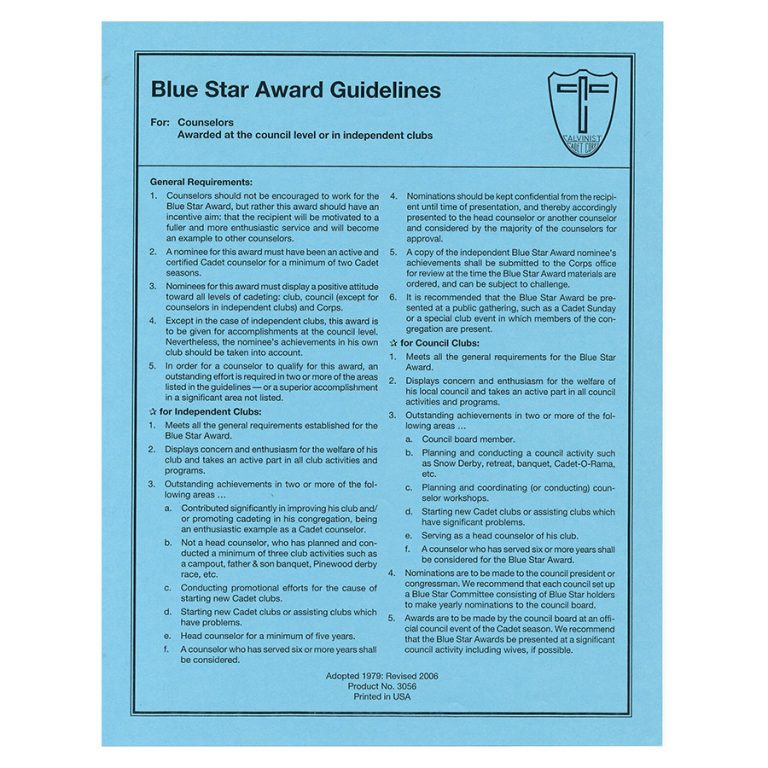 Blue Star Award Guidelines Shop Cadets